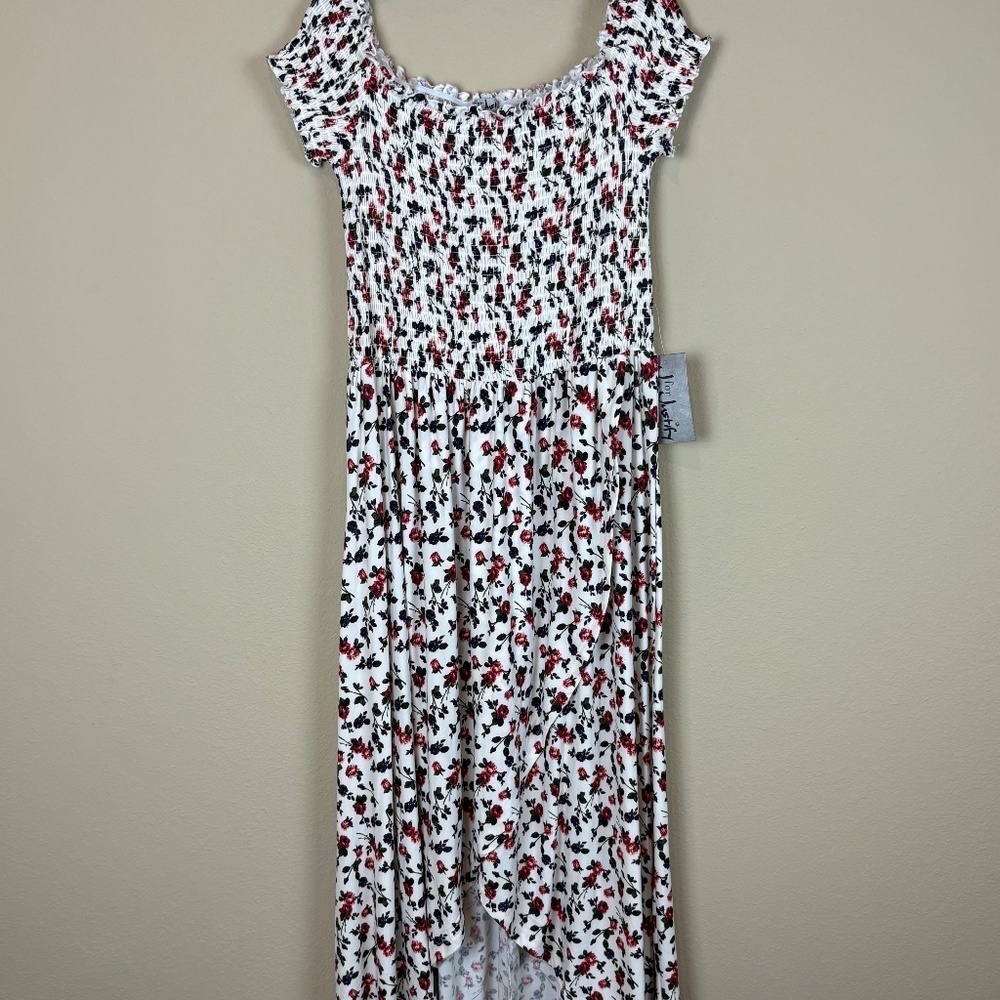 NWT J For Justify Cream w/ Red/Black Floral Smocked Off Shoulder Hi/Low Maxi